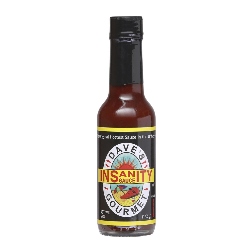 Dave’s Gourmet Insanity Hot Sauce net weight 5 oz (142 g) super hot pepper extract sauce UPC 753469000011