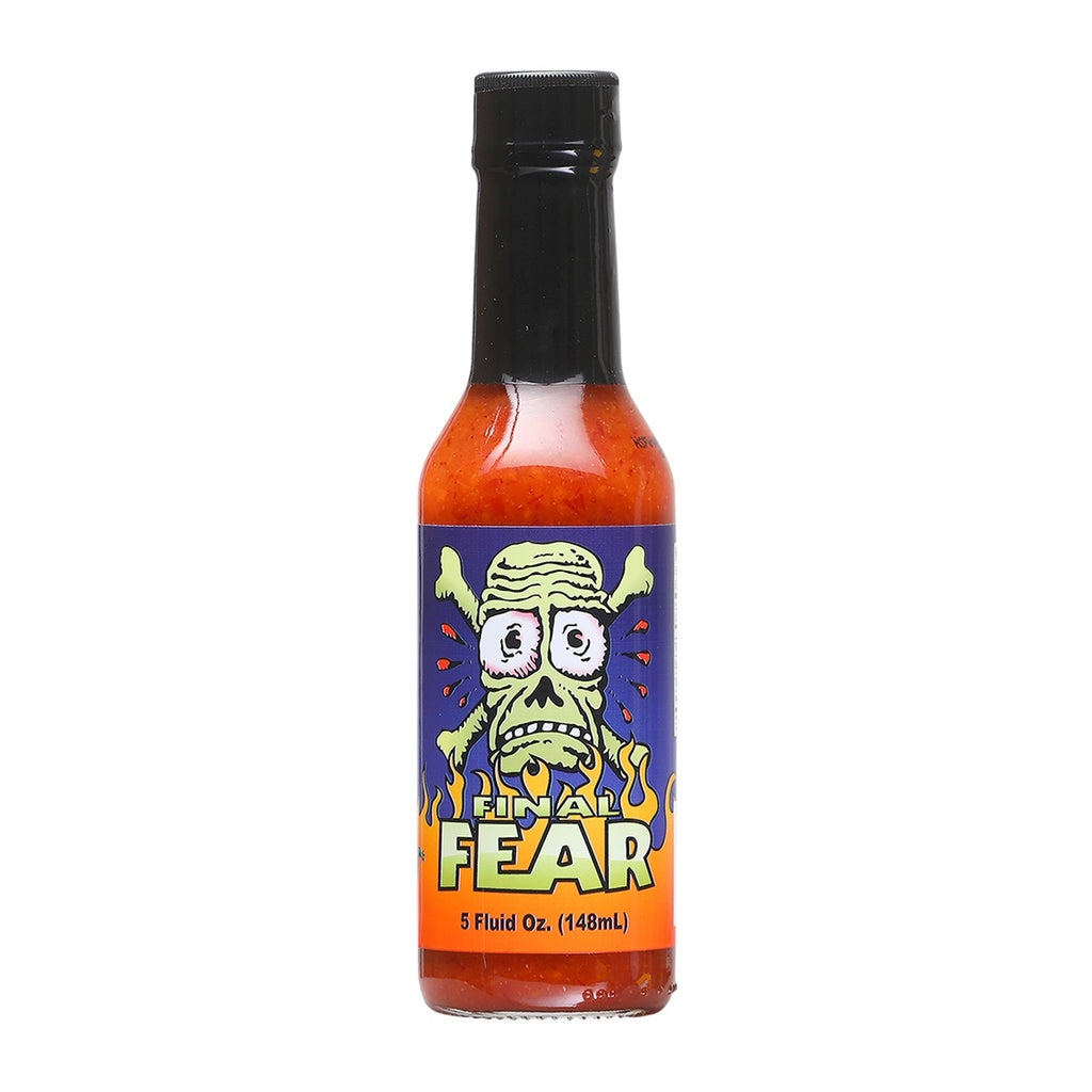 Hot sauce bottle with a cartoon character label on a white background