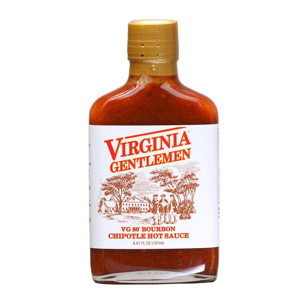 Bottle of Virginia Gentlemen Bourbon Chipotle Hot Sauce with gold cap and colonial-style label, 6.67 fl oz – UPC 029222219229