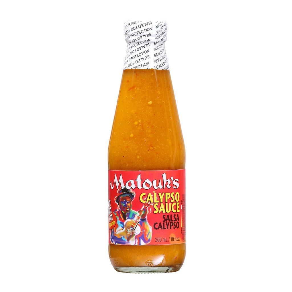 Bottle of Matouk’s Calypso Sauce Hot Sauce, 10 fl oz glass bottle with red label, Scotch Bonnet pepper sauce from Trinidad and Tobago