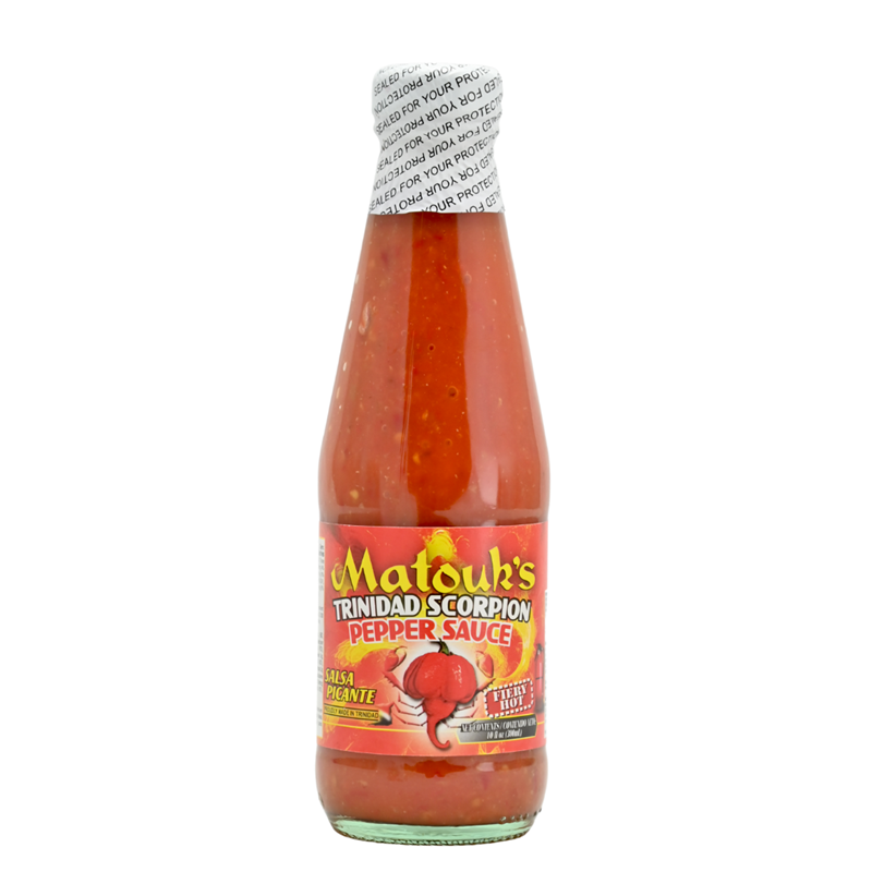 Bottle of Matouk’s Trinidad Scorpion Pepper Sauce with red label, showing Caribbean pepper sauce in glass bottle, 10 fl oz, UPC 036494020637