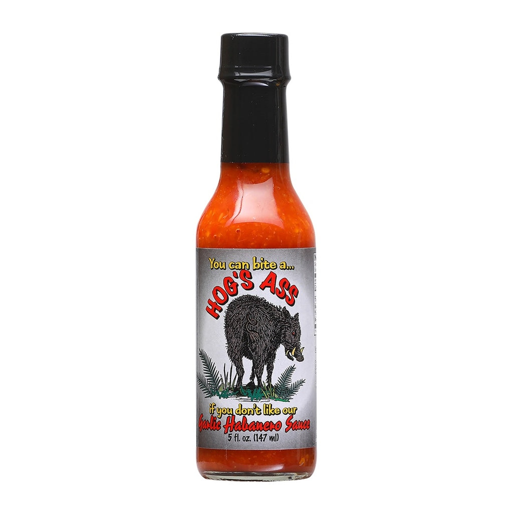 Hog’s Ass Garlic Habanero Hot Sauce 5 fl oz bottle from Sauce Crafters, savory garlic habanero hot sauce, UPC 749746378515