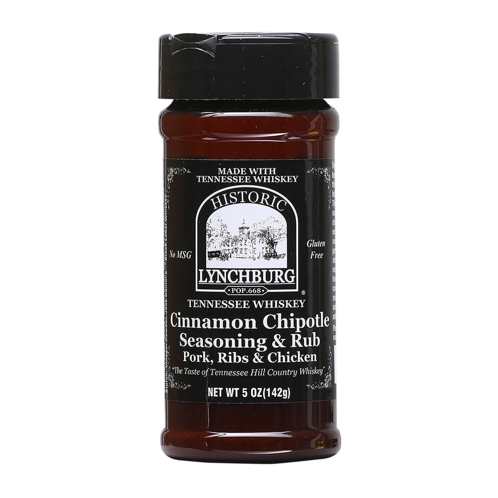 Plastic seasoning jar of Historic Lynchburg Tennessee Whiskey Cinnamon Chipotle Seasoning & Rub with black label and black cap, filled with dark reddish-brown spice blend; labeled 5 oz.
