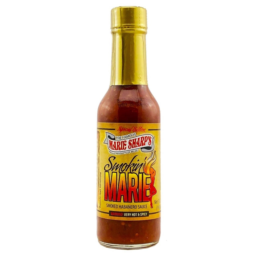 Marie Sharp’s Smokin’ Marie Pepper Sauce 5 fl oz smoked habanero hot sauce bottle from Belize on white background