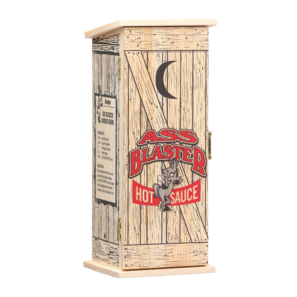 Wooden hot sauce container with 'Ass Blaster Hot Sauce' branding on a white background