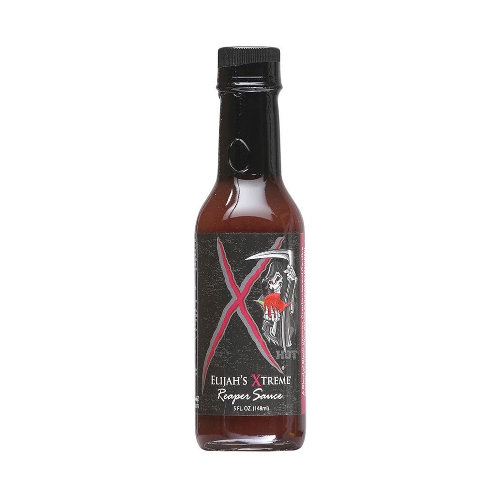 A 5-ounce bottle of Elijahās Xtreme Reaper Sauce with a dark label featuring a large red āXā and a grim reaper holding a scythe. The sauce inside is deep red-brown, and the bottle has a black cap.