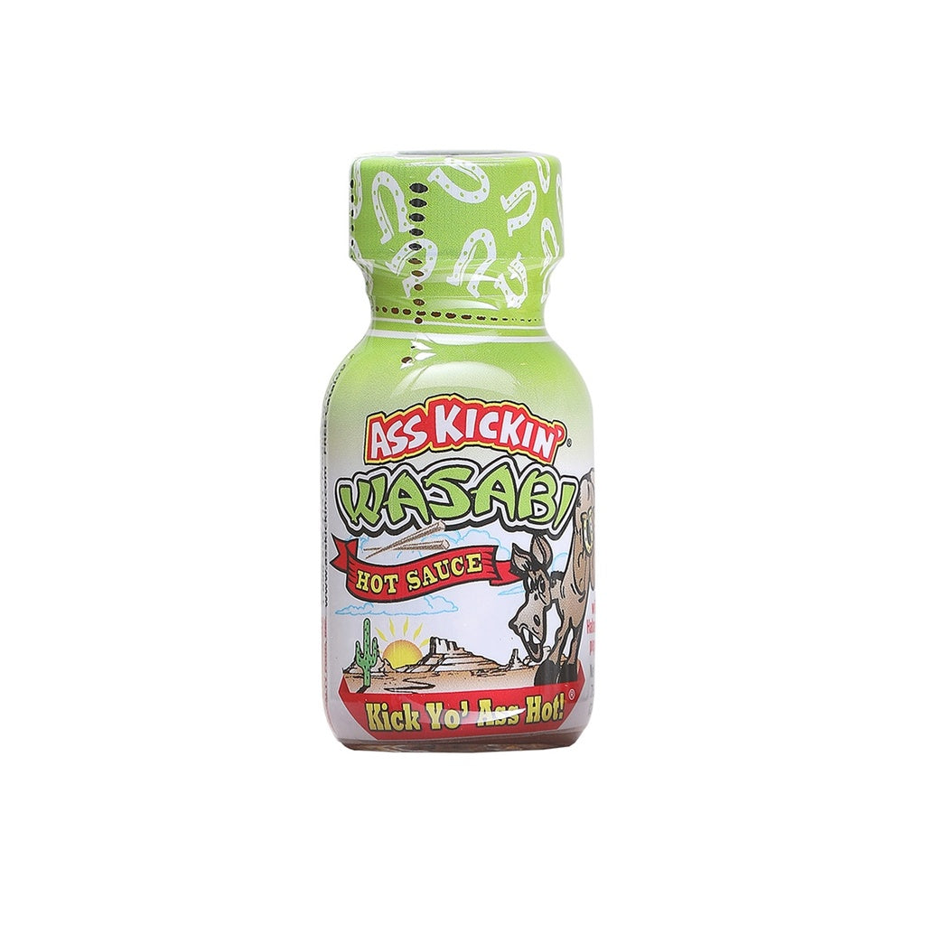 Ass Kickin Wasabi hot sauce bottle on a white background