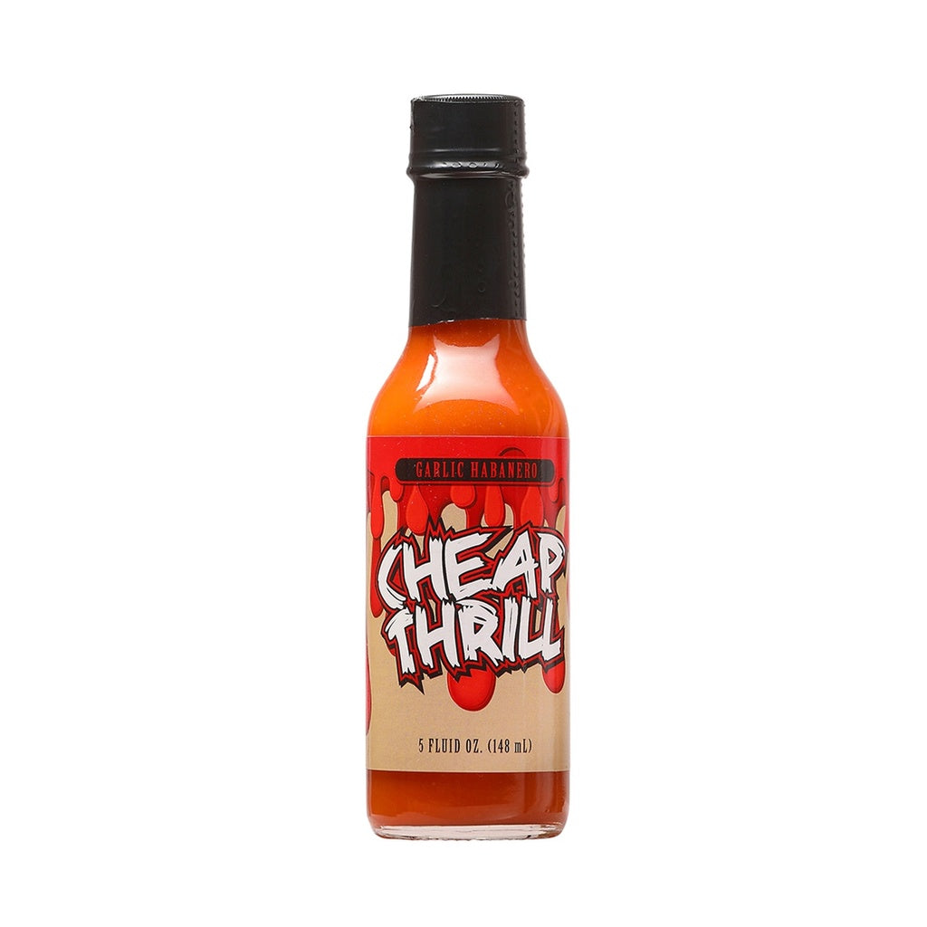 Cheap Thrill Garlic Habanero Hot Sauce 5 fl oz bottle with aged red habanero peppers and garlic flavor UPC 609456312486