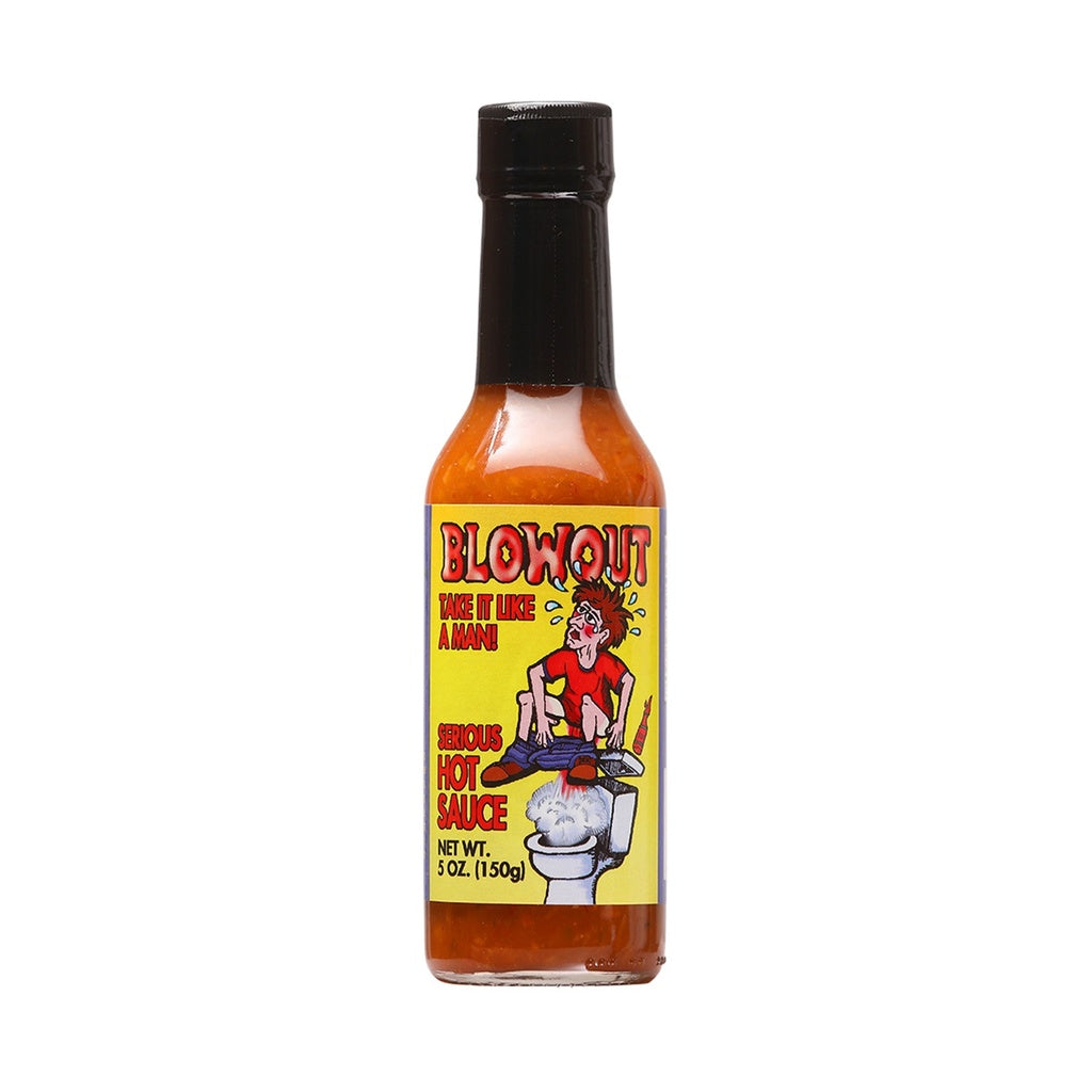 Bottle of Blowout Habanero Hot Sauce with a bold yellow novelty label featuring a cartoon illustration, filled with orange tropical hot sauce, 5 fl oz bottle from Fireworks Fiery Foods, UPC 735051030019