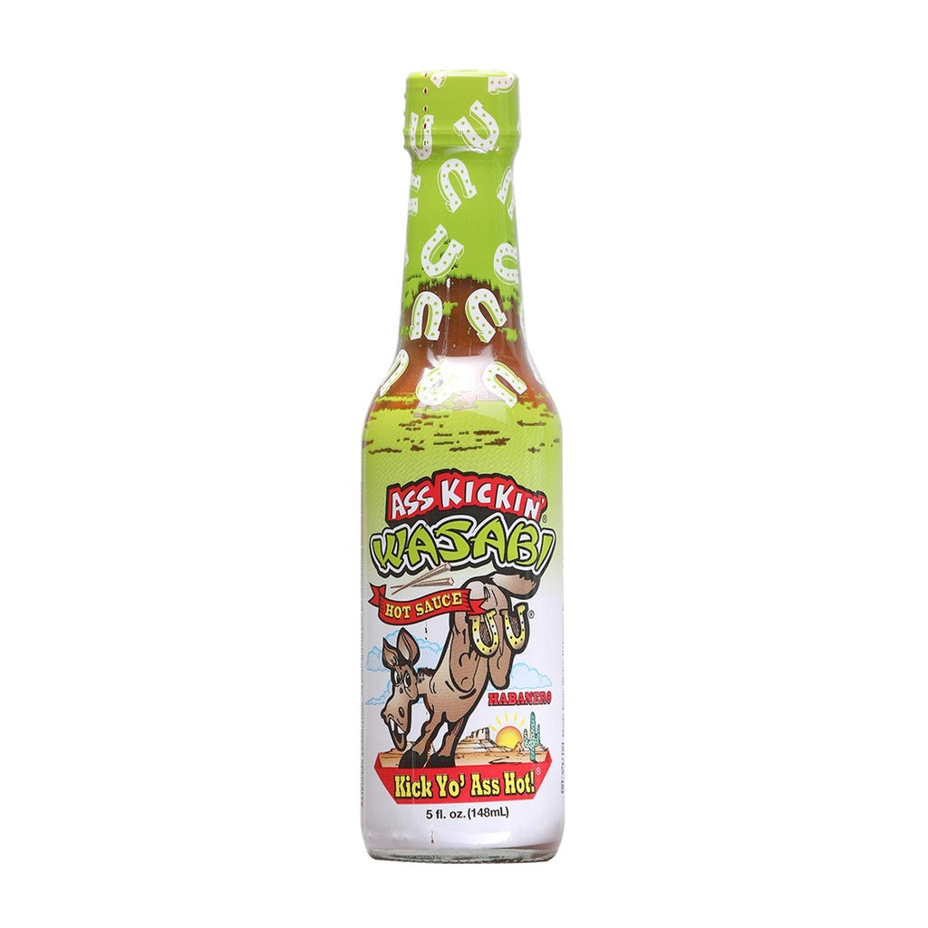 Ass Kickin Wasabi Hot Sauce 5 fl oz bottle with habanero jalapeno and wasabi horseradish heat UPC 089382112952