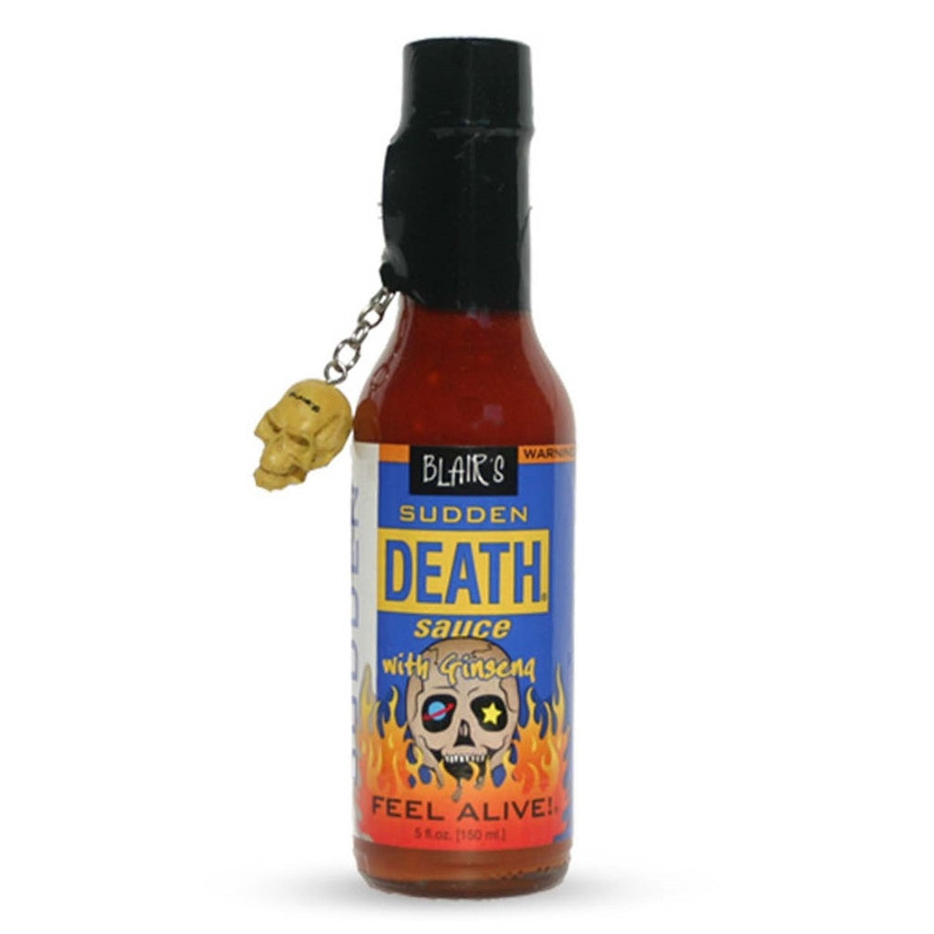 Blair’s Sudden Death Sauce with Ginseng 5 fl oz bottle extreme habanero cayenne hot sauce with skull keychain UPC 700941199626