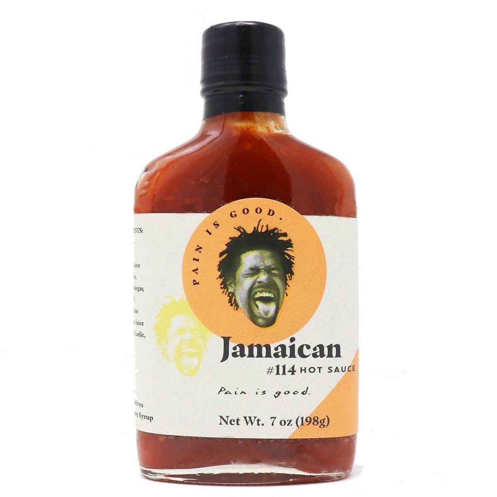 Bottle of Pain Is Good Batch #114 Jamaican Hot Sauce with illustrated label and black cap, 7 oz glass bottle, UPC 032458972882