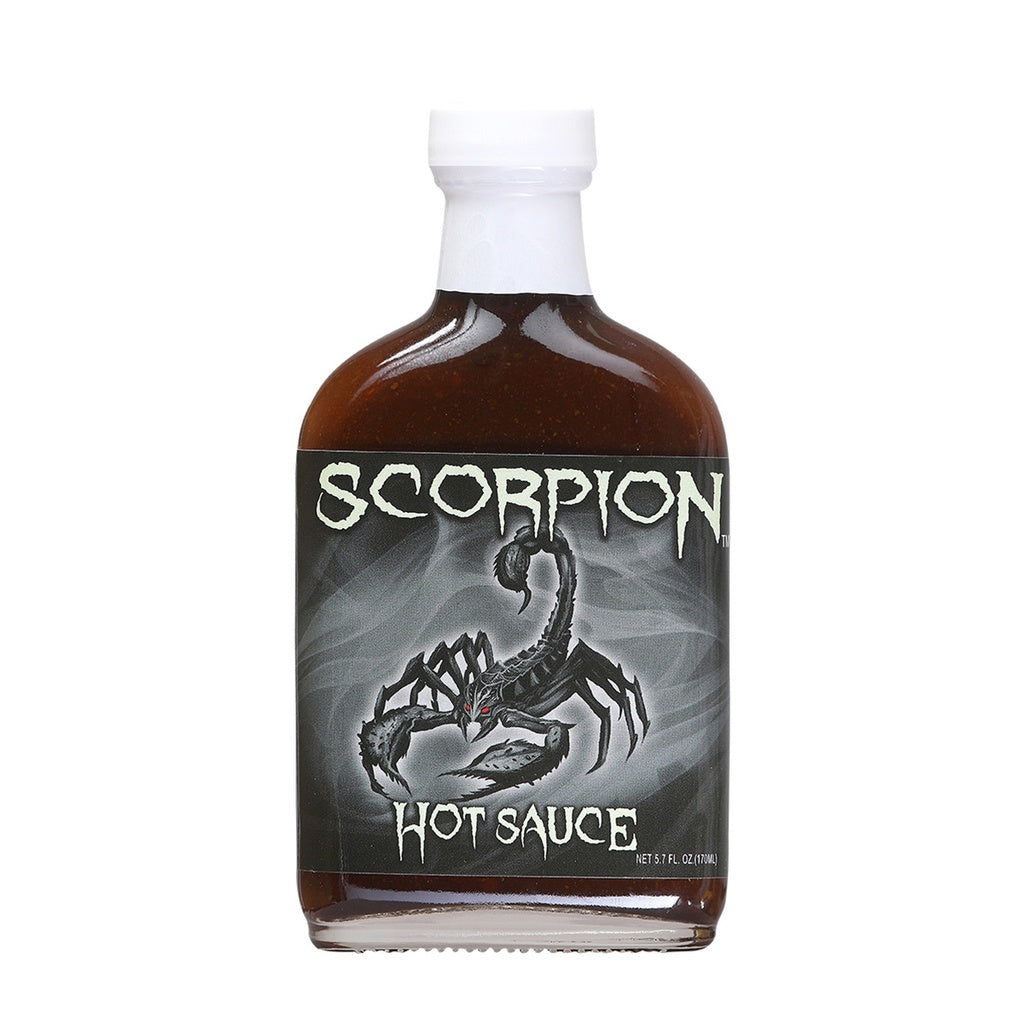 Glass bottle of Scorpion Hot Sauce with white cap and dark label featuring a scorpion graphic; filled with deep brown hot sauce; labeled 5.7 fl oz.