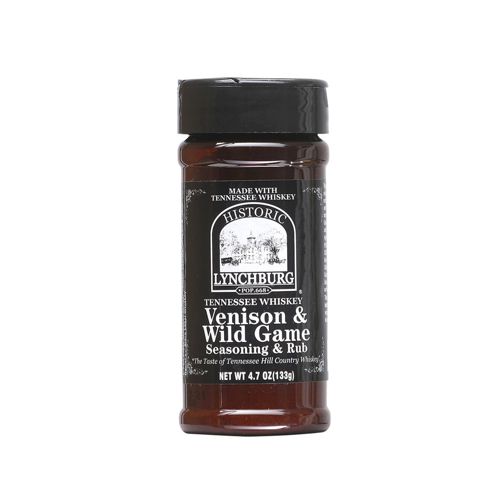 Plastic seasoning jar of Historic Lynchburg Tennessee Whiskey Venison & Wild Game Seasoning & Rub with dark label, black cap, and brown spice blend inside; labeled 4.7 oz.