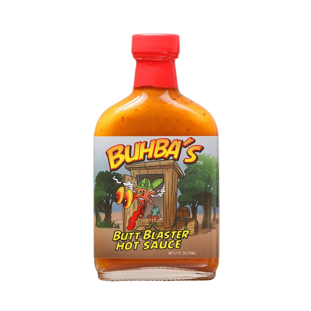 Glass bottle of Buhba’s Butt Blaster X-Hot Sauce with red cap and cartoon outhouse label; filled with orange mustard-style hot sauce; labeled 5.7 fl oz.