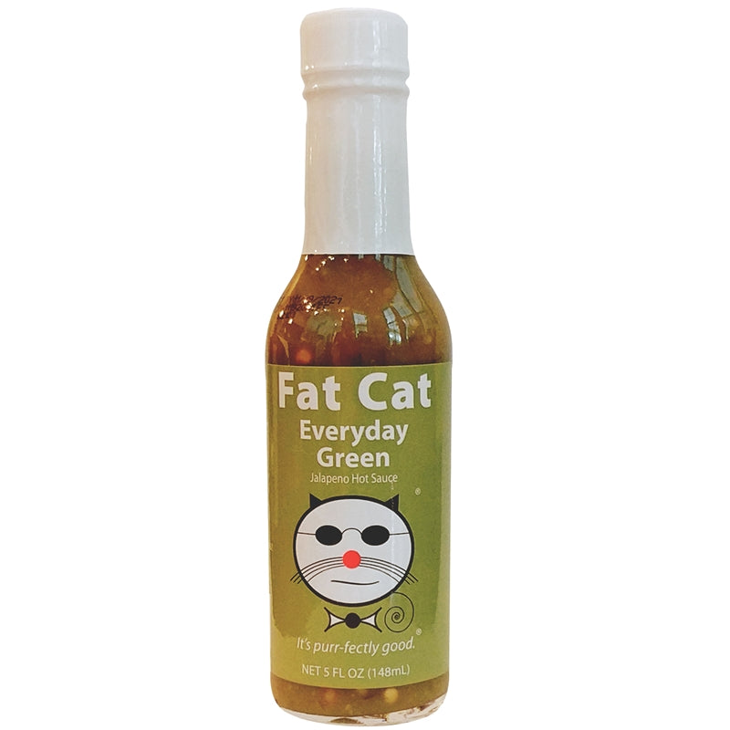 A bottle of Fat Cat Everyday Green Jalapeno Hot Sauce