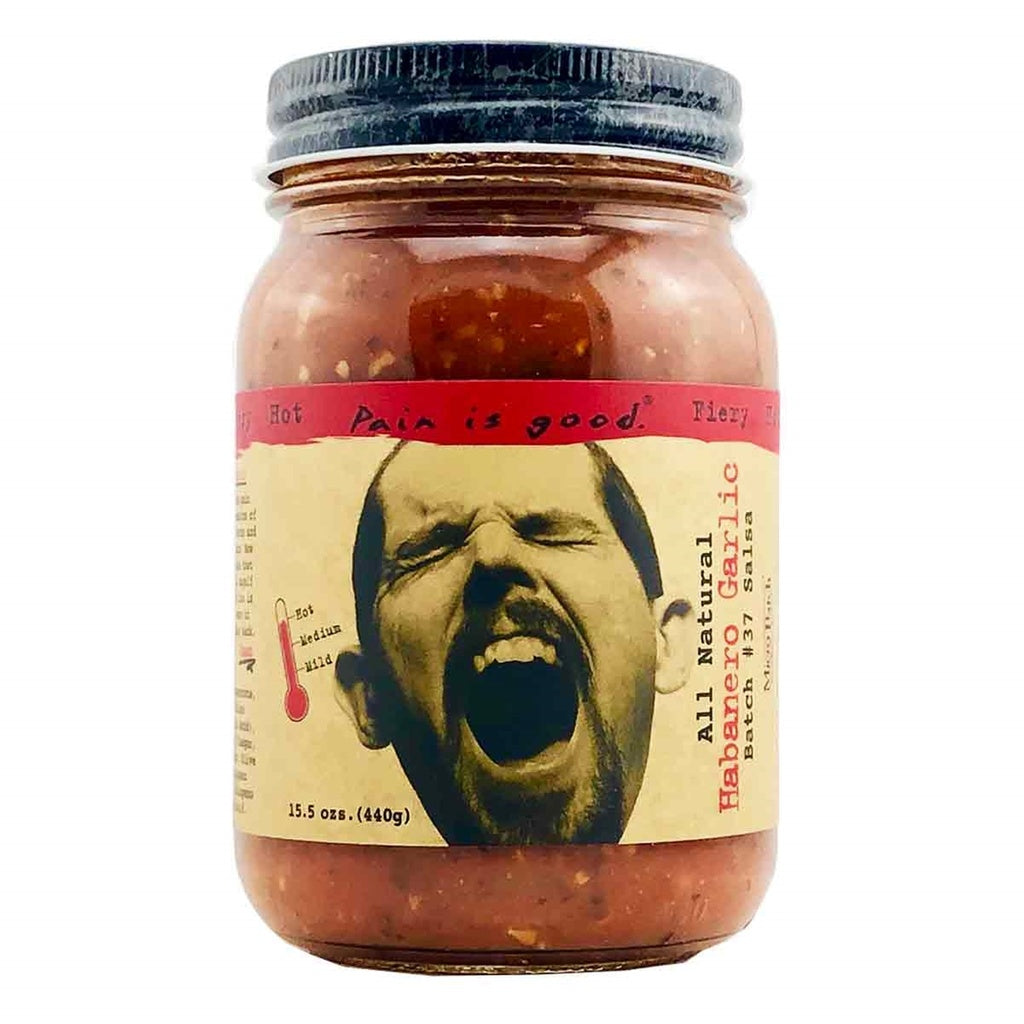 Jar of Pain Is Good Batch #37 Salsa with black lid and intense screaming face label, net weight 15.5 oz, SKU 2322, UPC 032458900908