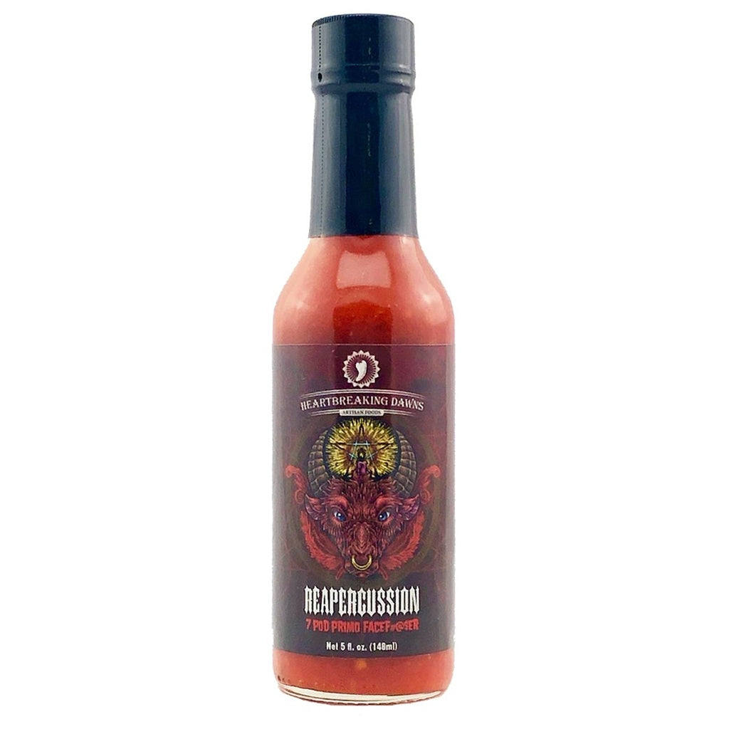 Bottle of Heartbreaking Dawn’s Reapercussion 7 Pot Primo FACEF#@$ER Hot Sauce, 5 fl oz (148 mL), dark red extreme heat hot sauce made with 7 Pot Primo peppers. UPC 683720028594