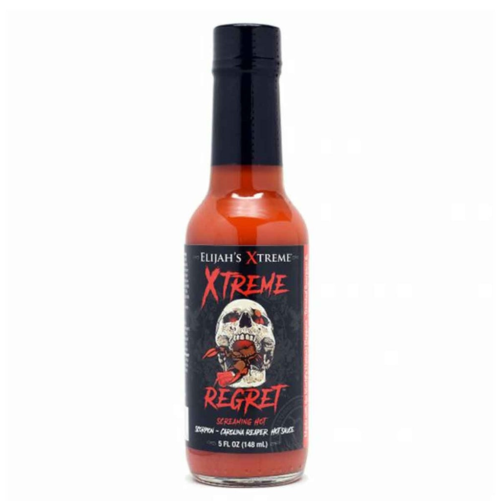 A 5-ounce bottle of Elijahās Xtreme Regret Hot Sauce with a black label featuring a skull and red scorpion artwork. The sauce is bright red-orange, and the bottle has a black cap. The label reads āXtreme Regret ā Screaming Hot ScorpionāCarolina Reaper Hot Sauce.ā