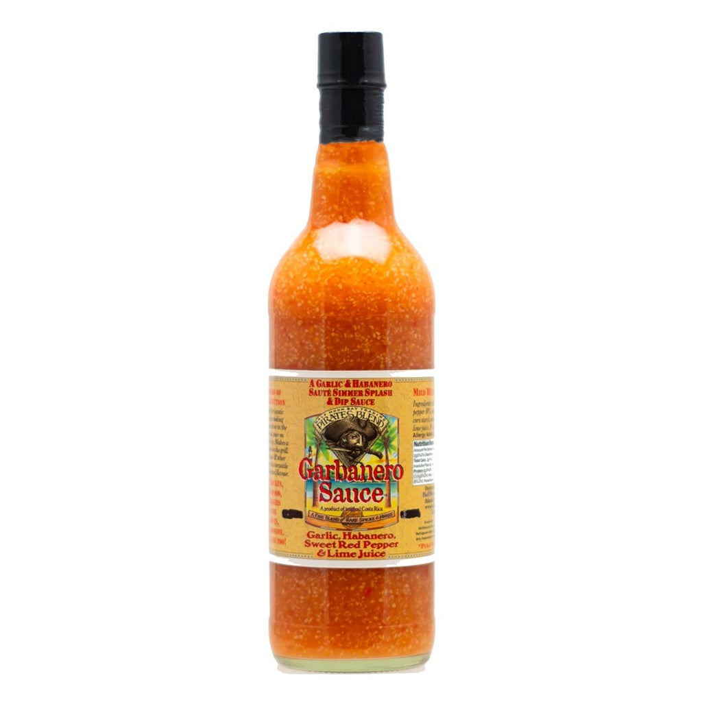 Large 25.7 fl oz bottle of Pirates Blend Garbanero Sauce from Costa Rica with savory garlic and habanero hot sauce label, UPC 751059900758
