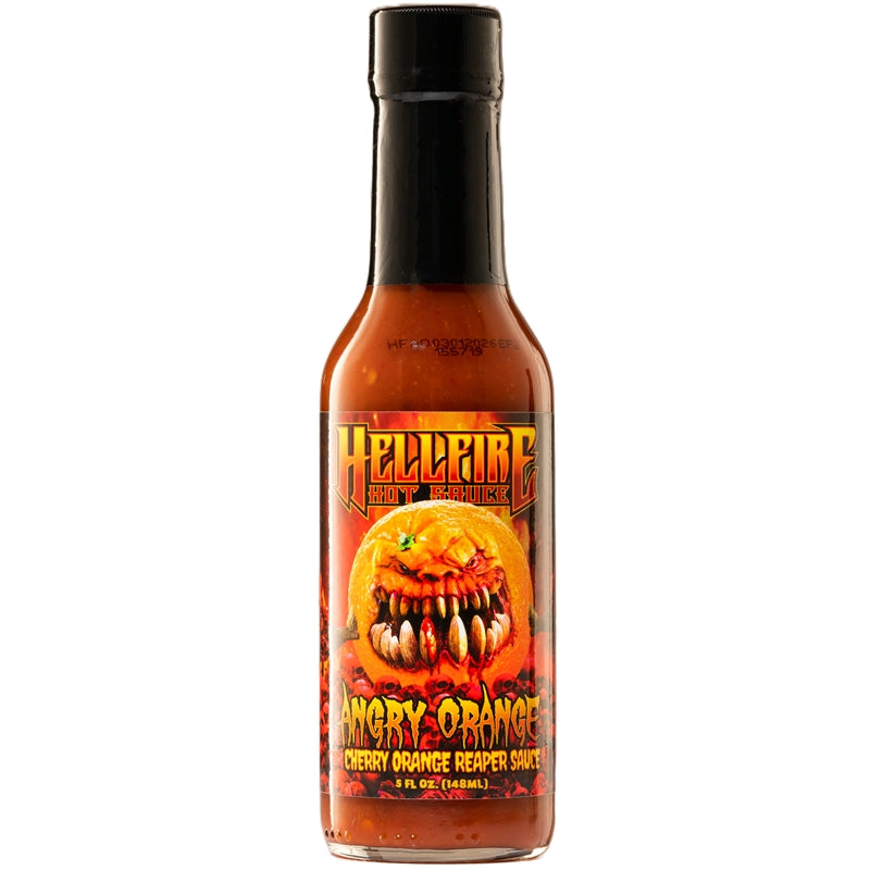 Hot sauce bottle with an orange 'Hellfire Hot Sauces' label on a white background