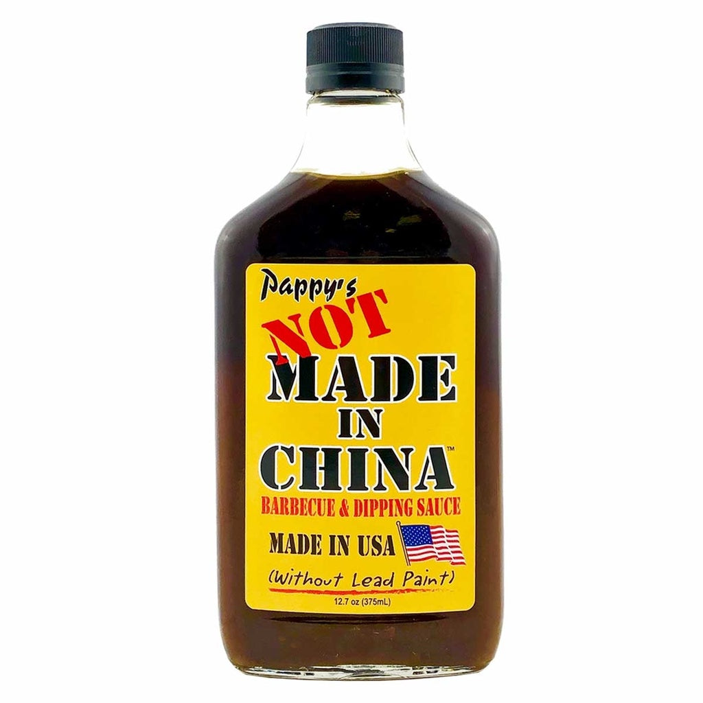 Bottle of Pappy's Barbecue & Dipping Sauce with a 'Not Made in China' label on a white background