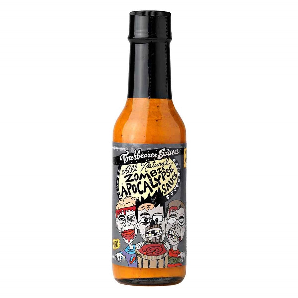 Hot sauce bottle with a colorful label featuring cartoon characters on a white background