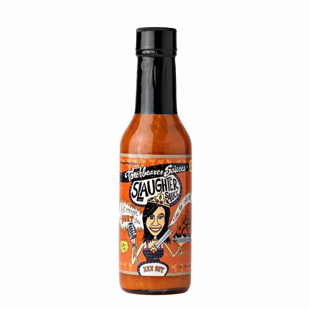 A bottle of Torchbearer Slaughter Sauce with a black cap and bright orange-speckled sauce inside. The label features a cartoon woman wearing a crown and holding a microphone, surrounded by fiery details, with bold text reading āSlaughter Sauceā and āXXX Hot.ā