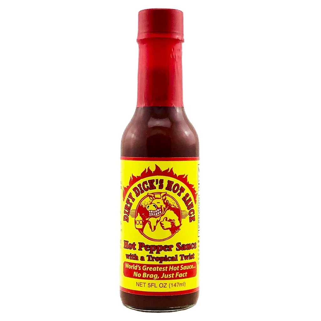 A 5-ounce bottle of Dirty Dickās Hot Pepper Sauce with a bright yellow label and red cap. The label features a cartoon boar inside a flaming circle and bold text that reads āDirty Dickās Hot Sauceā and āHot Pepper Sauce with a Tropical Twist.ā