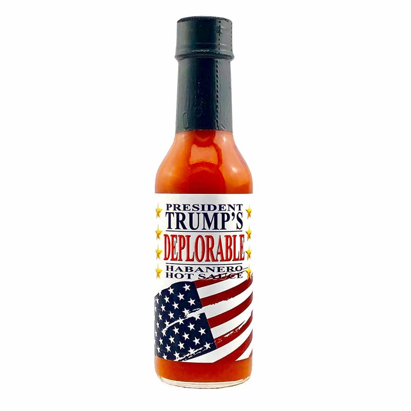 Bottle of hot sauce with American flag design and text on a white background