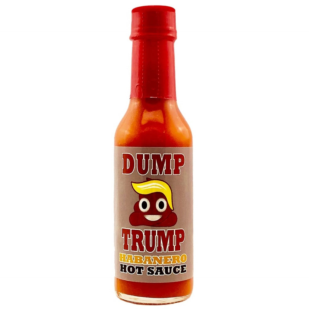 A bottle of Dump Trump Habanero Sauce with a terd with blond hair on the label.