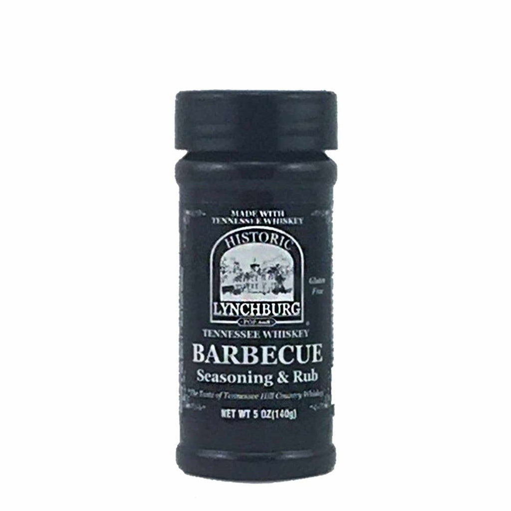 Black shaker bottle of Historic Lynchburg Tennessee Whiskey Barbecue Seasoning & Rub with vintage black-and-white label and 5 oz net weight.