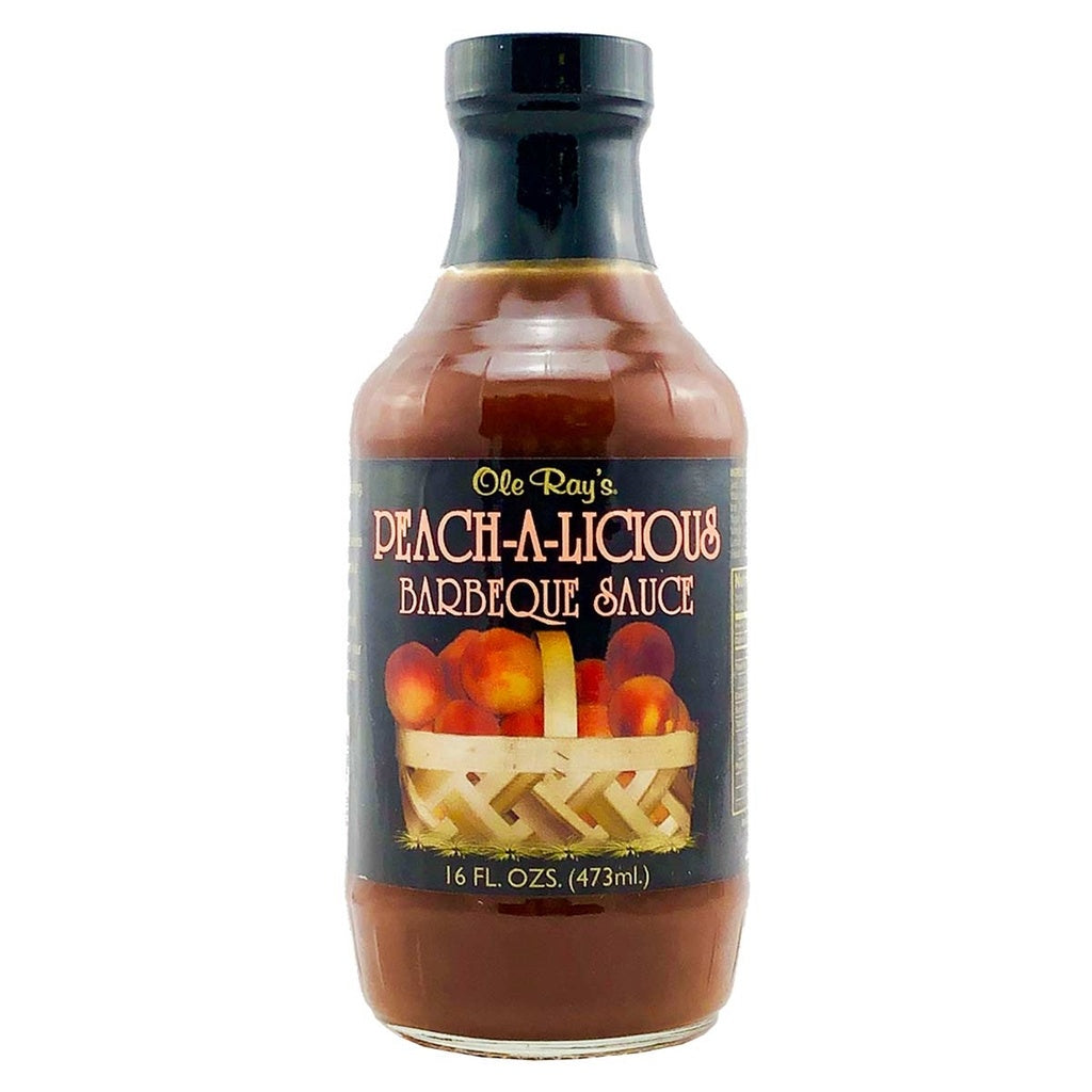 Ole Ray’s Peach-A-Licious Barbecue Sauce bottle with peach label and Southern-style peach BBQ sauce, 16 fl oz