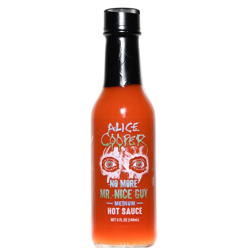 Introducing Alice Cooper's "No More Mr. Nice Guy" Medium Hot Sauce, a sauce that will ignite your taste buds and transform you into a tough guy. Made with aged Red Habanero Peppers, this sauce combines fiery intensity and wickedly good flavor. Heat Level: 2+/10. Embrace the flavor rebellion and get your bottle at PepperHotSpot.com. UPC: 647293010189.