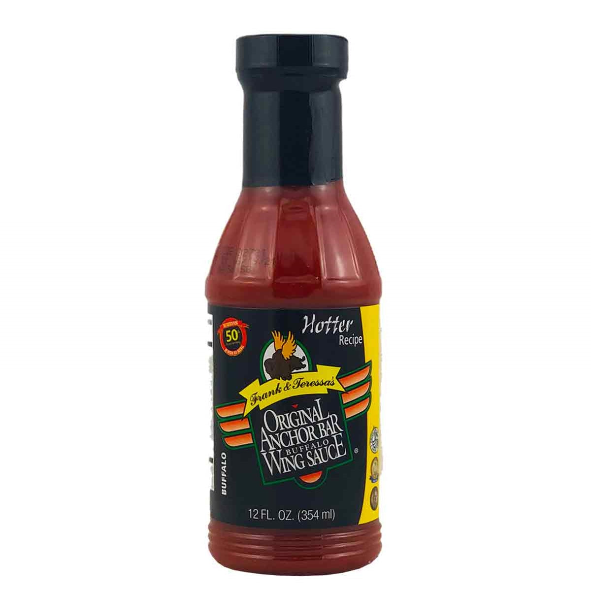 A bottle of Frank & Teressa's Anchor Bar Hotter Buffalo Wing Sauce: The fiery sensation that will set your taste buds ablaze! Made with Cayenne Peppers, Distilled Vinegar, Salt, and Garlic, this legendary sauce delivers an explosive flavor profile. With a heat rating of 8, it's not for the faint of heart. Get ready to challenge your taste buds and embark on the ultimate wing adventure. Available in a 12 oz bottle. UPC: 786278127143. Shop now at PepperHotSpot.com