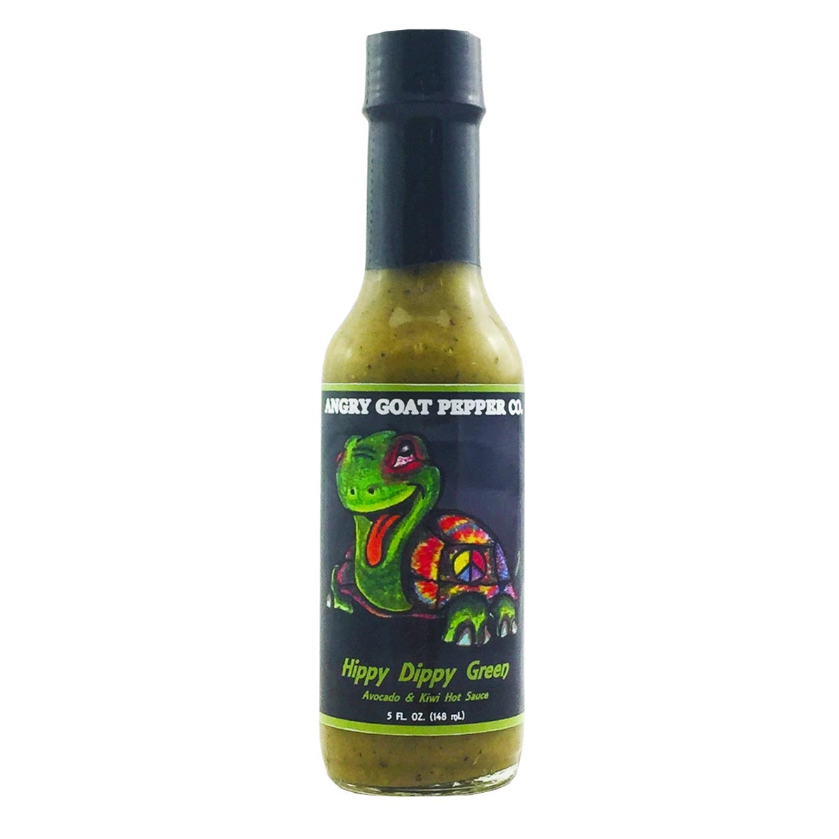 A bottle of Angry Goat Pepper Co. Hippy Dippy Green Hot Sauce: A groovy blend of avocado, kiwi, and fire-roasted chiles. Mild heat level: 3/10. Available at PepperHotSpot.com. UPC: 706795003904..
