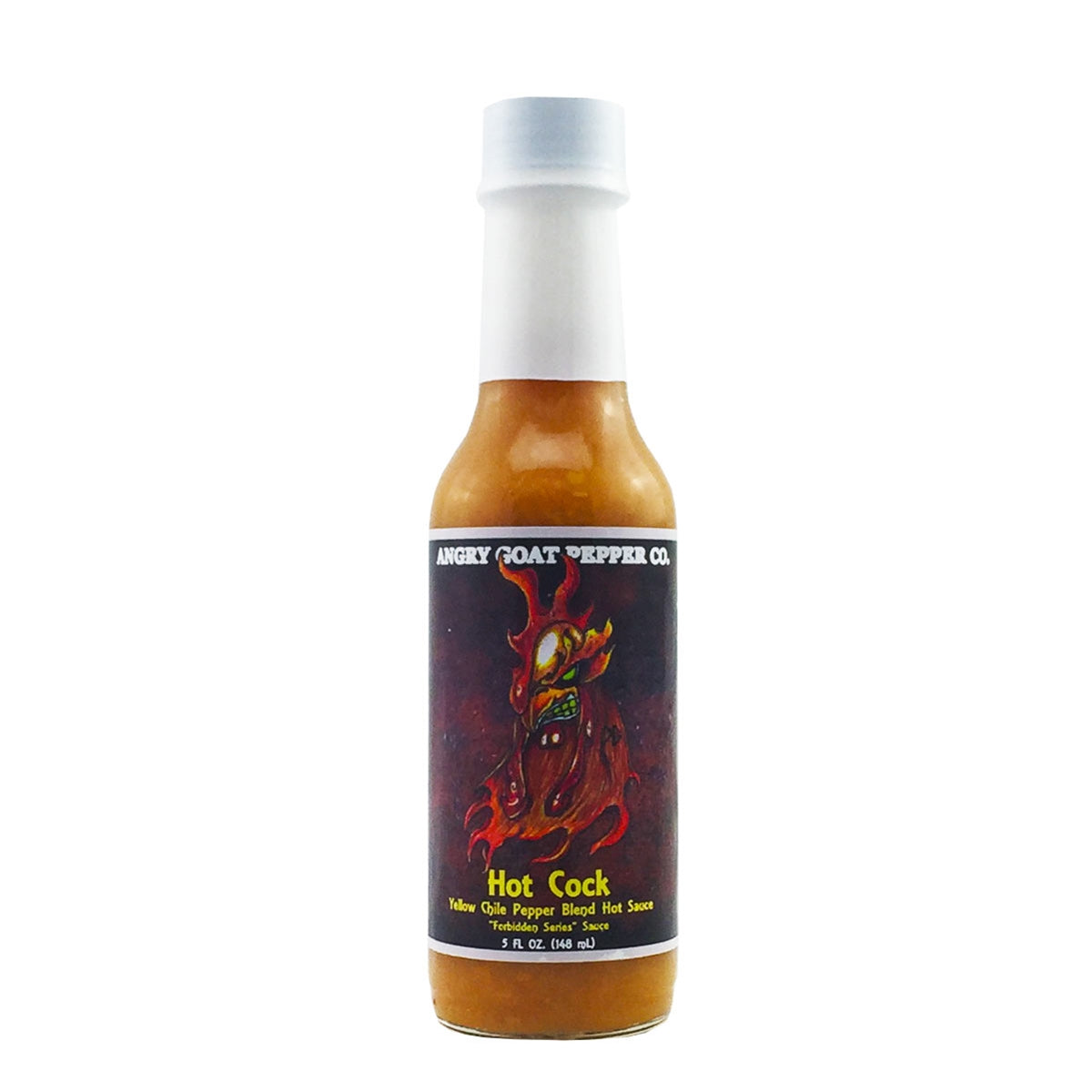 A bottle of Angry Goat Pepper Co. - Hot Cock Hot Sauce: A fiery blend of Jay's Peach Ghost Scorpion Peppers, Scotch Bonnet Peppers, and Habanero Peppers balanced with sweet peaches. Heat level: 11/10. Available exclusively at PepperHotSpot.com. UPC: 706795003898.