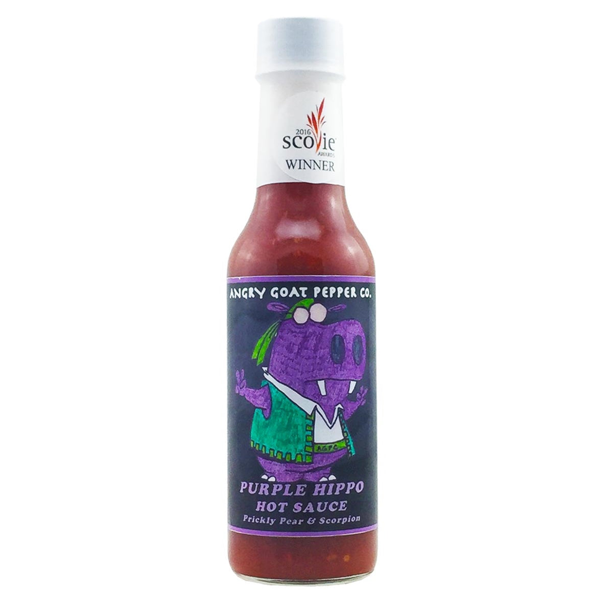 Introducing Angry Goat Pepper Co. - Purple Hippo Hot Sauce: A unique blend of Prickly Pear Cactus Juice, Habanero and Scorpion peppers, strawberries, and more. Heat level: 8+. Winner of multiple hot sauce awards. Available at PepperHotSpot.com. UPC: 706795003805