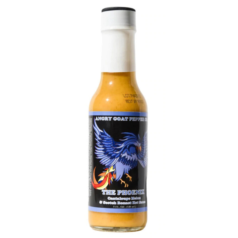 A bottle of Angry Goat Pepper Co.'s "The Phoenix" Hot Sauce is a tantalizing blend of flavors that will take you on a mystical journey with each fiery bite. Featuring cantaloupe and ginger, this sauce brings together unexpected ingredients in perfect harmony. Experience the magic of "The Phoenix" and let your taste buds take flight. Available in a 5 FL OZ bottle at PepperHotSpot.com. UPC: 706795003522.