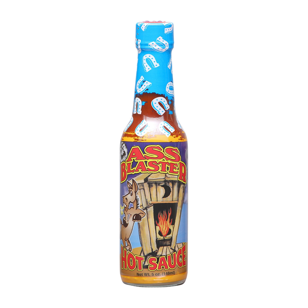 A bottle of Ass Kickin' Ass Blaster Hot Sauce: A fiery taste adventure. Made with habanero peppers, vinegar, and a touch of capsicum extract. Heat rating: 10. Get it now at PepperHotSpot.com. UPC: 089382113737.