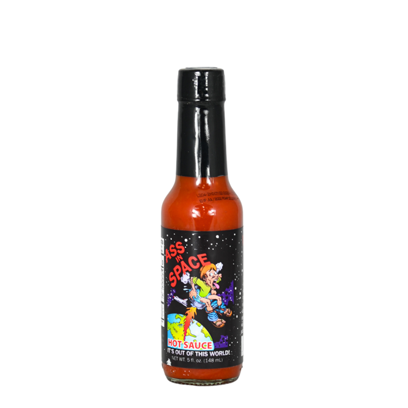 A bottle of Ass in Space Sauce: Blast Off to Flavorful Heights! Prepare for an extraterrestrial taste experience with this seriously spicy sauce. Crafted with a captivating blend of Cayenne Pepper, Water, Salt, and Oleoresin Cayenne, it delivers a flavor profile that's out of this world. Get ready to embark on an intergalactic flavor adventure and spice up your meals like never before. Buy now at PepperHotSpot.com.