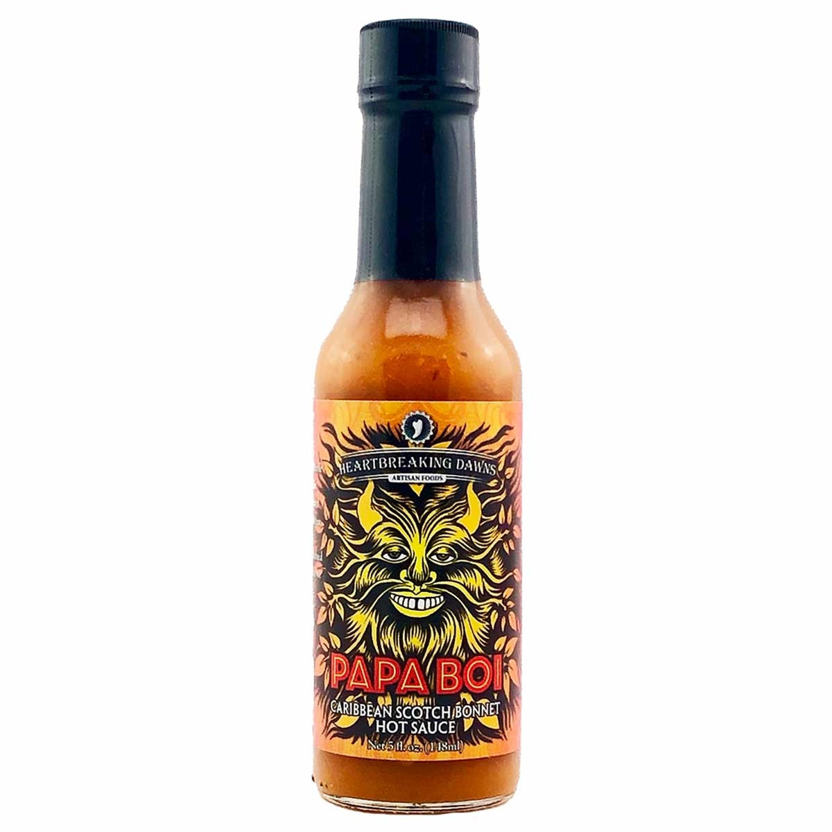 A bottle of Heartbreaking Dawn's Papa Boi Caribbean Scotch Bonnet Sauce, featuring a vibrant label with chili pepper imagery and the text 'Elevate Your Meals to Caribbean Bliss with Papa Boi Scotch Bonnet Sauce!' The background suggests a tropical beach scene, evoking the flavors of the Caribbean. UPC: 683720300706.