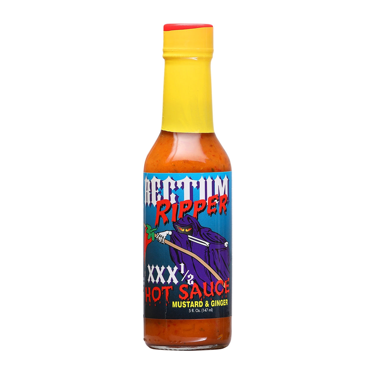 A bottle of Rectum Ripper XXX1/2 Hot Sauce, featuring an intense label design with the Rectum Ripper logo and an illustration of habanero peppers. The 5 oz. bottle contains a fiery blend of habanero peppers, apple cider vinegar, crushed tomatoes, key lime juice, clam juice, Worcestershire, honey, carrots, mustard, ginger, garlic in water, onions, spices, and tic gum. UPC: 602234000155.