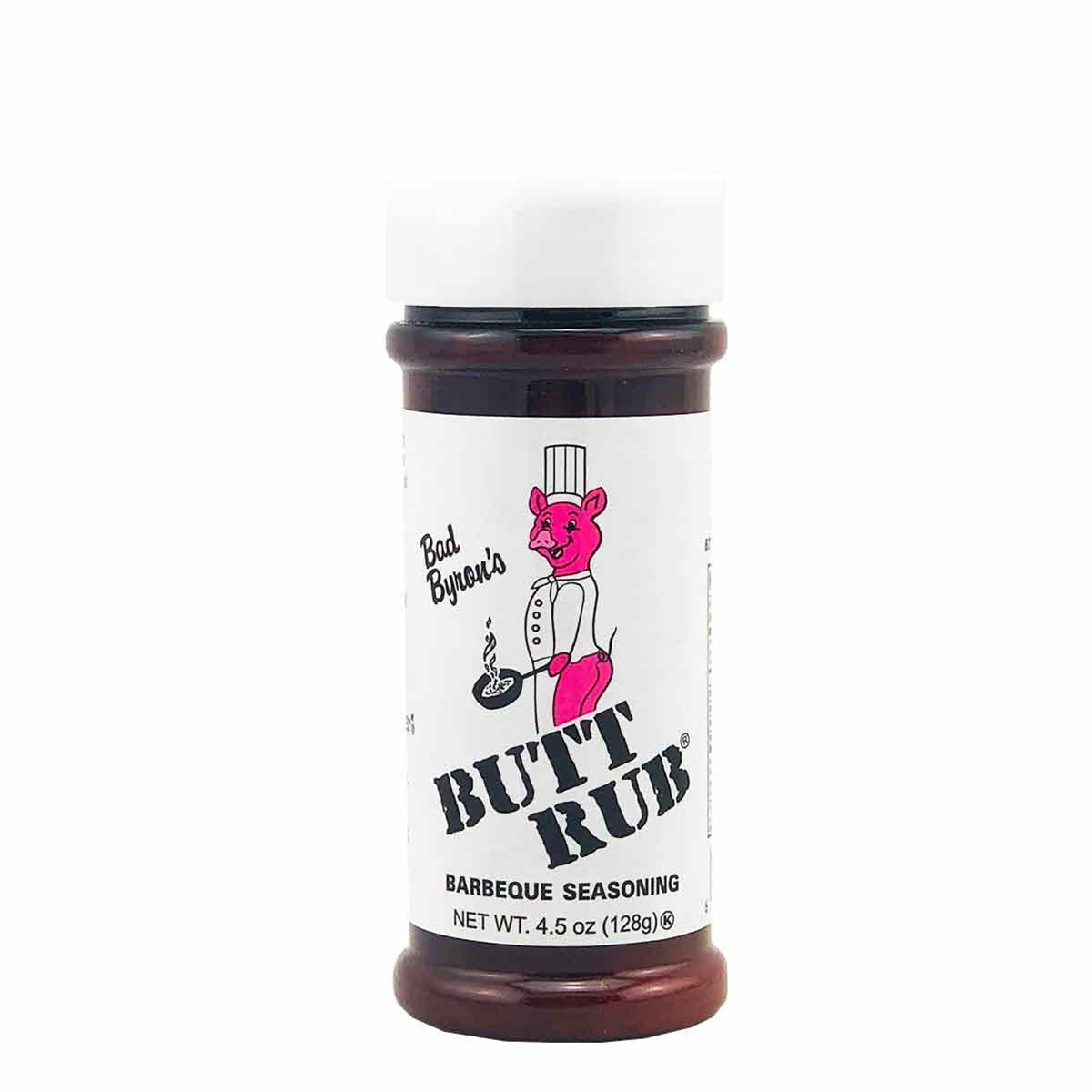 A bottle of Bad Byron's Butt Rub, the ultimate flavor companion for steaks, chicken, pork, and more! Endorsed by barbeque champions and professional chefs, this versatile rub enhances fish, veggies, potatoes, eggs, and popcorn. Crafted with a select blend of spices, it adds a special kick to any dish. MSG-free, gluten-free, and made with all-natural ingredients. Each 4.5 oz. bottle unlocks unforgettable meals. UPC code: 644923120676.