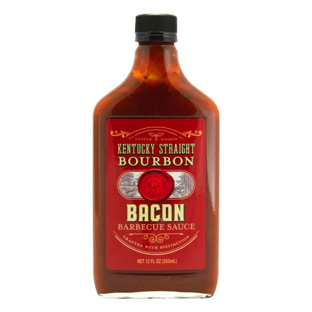 Bottle of Kentucky Straight Bourbon Bacon Barbecue Sauce on a white background