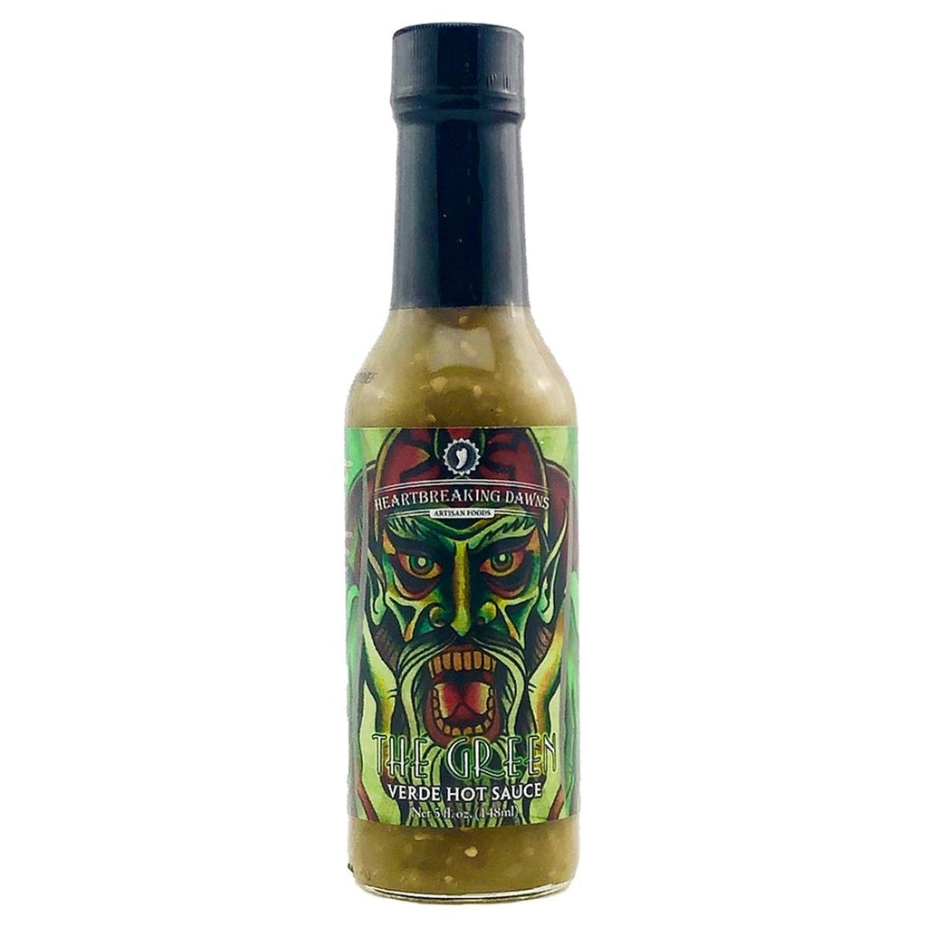 Bottle of Heartbreaking Dawn’s The Green Verde Hot Sauce, 5 fl oz, featuring a green illustrated label and light green sauce inside
