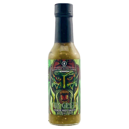 Bottle of Heartbreaking Dawn’s The Green Verde Hot Sauce, 5 fl oz, featuring a green illustrated label and light green sauce inside