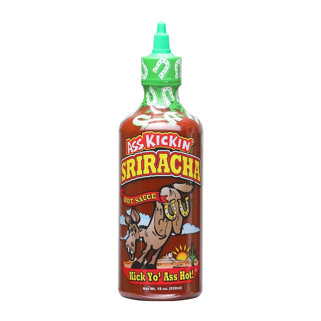 Ass Kickin' Sriracha hot sauce bottle on a white background