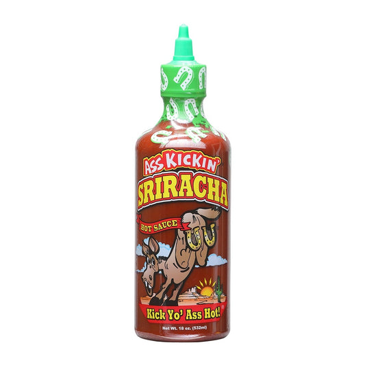 Ass Kickin' Sriracha hot sauce bottle on a white background