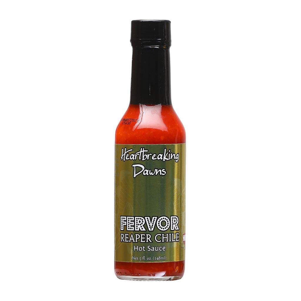 Bottle of Heartbreaking Dawn’s FERVOR Reaper Chile Hot Sauce, 5 fl oz, featuring a green label with bold typography and deep red sauce inside